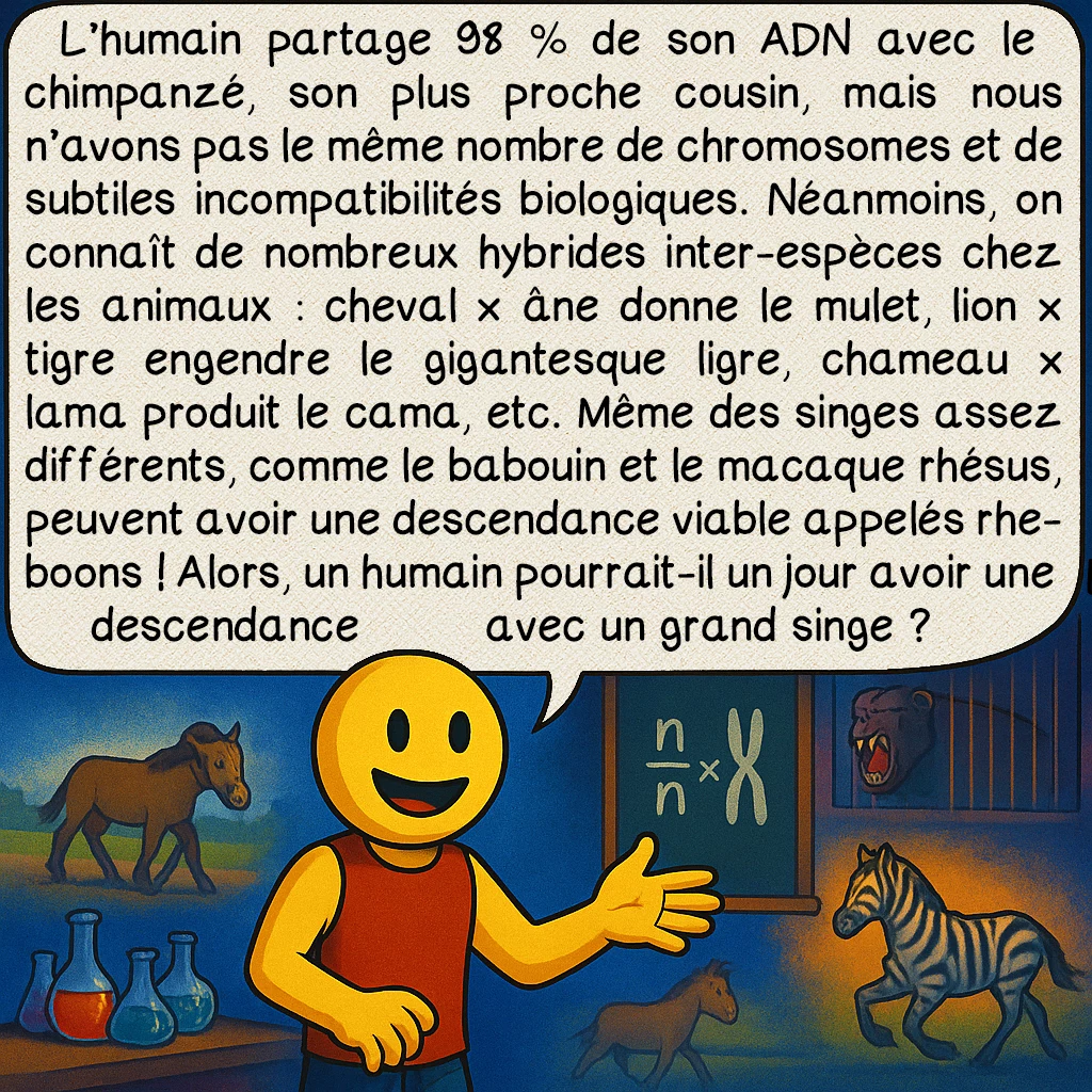 L’hybridation humaine, case 4 : L’humain partage 98 % de son ADN avec le chimpanzé, son plus proche cousin, mais nous n’avons pas le même nombre de chromosomes et de subtiles incompatibilités biologiques. Néanmoins, on connaît de nombreux hybrides inter-espèces chez les animaux : cheval × âne donne le mulet, lion × tigre engendre le gigantesque ligre, chameau × lama produit le cama, etc. Même des singes assez différents, comme le babouin et le macaque rhésus, peuvent avoir une descendance viable appelés rheboons ! Alors, un humain pourrait-il un jour avoir une descendance avec un grand singe ?