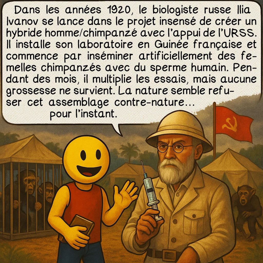 L’hybridation humaine, case 5 : Dans les années 1920, le biologiste russe Ilia Ivanov se lance dans le projet insensé de créer un hybride homme/chimpanzé avec l’appui de l’URSS. Il installe son laboratoire en Guinée française et commence par inséminer artificiellement des femelles chimpanzés avec du sperme humain. Pendant des mois, il multiplie les essais, mais aucune grossesse ne survient. La nature semble refuser cet assemblage contre-nature… pour l’instant.