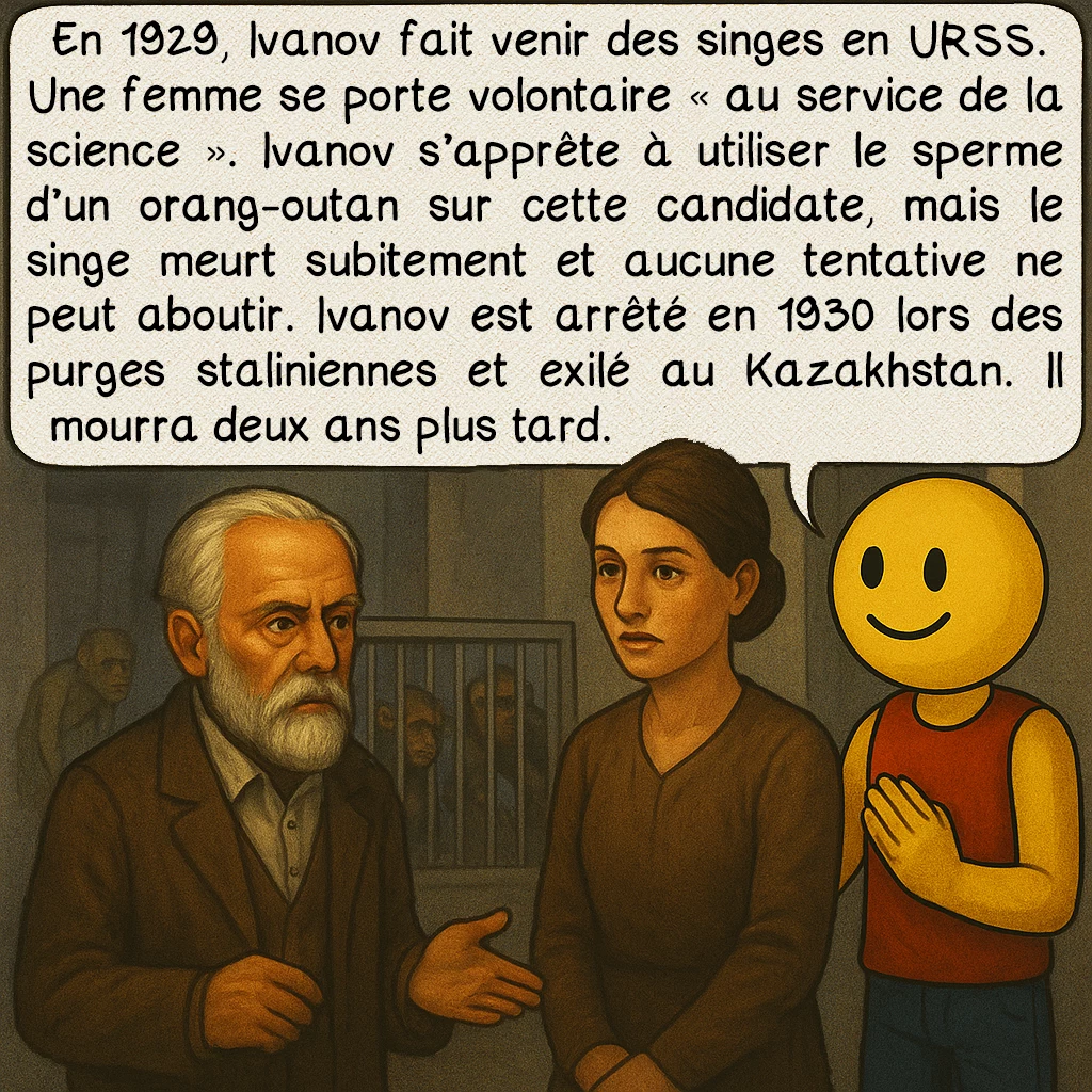 L’hybridation humaine, case 6 : En 1929, Ivanov fait venir des singes en URSS. Une femme se porte volontaire « au service de la science ». Ivanov s’apprête à utiliser le sperme d’un orang-outan sur cette candidate, mais le singe meurt subitement et aucune tentative ne peut aboutir. Ivanov est arrêté en 1930 lors des purges staliniennes et exilé au Kazakhstan. Il mourra deux ans plus tard.