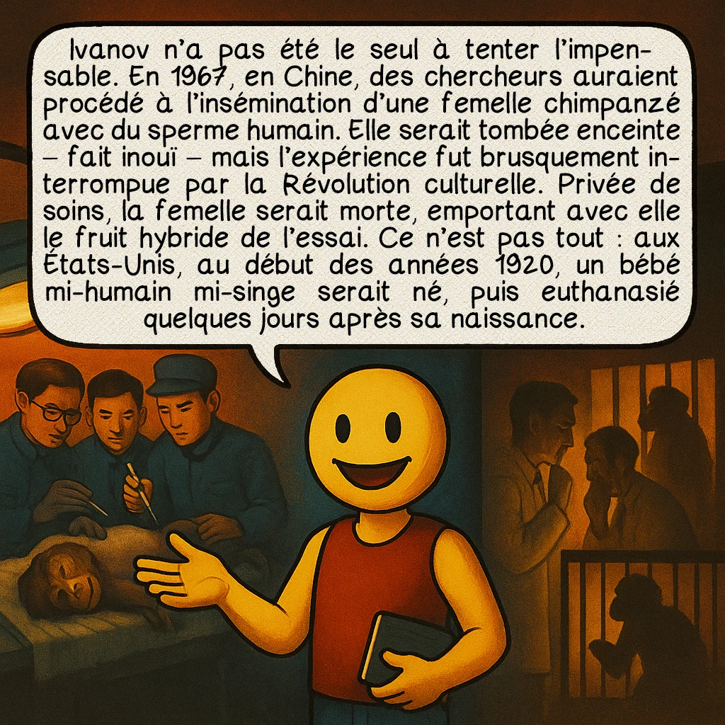 L’hybridation humaine, case 7 : Ivanov n’a pas été le seul à tenter l’impensable. En 1967, en Chine, des chercheurs auraient procédé à l’insémination d’une femelle chimpanzé avec du sperme humain. Elle serait tombée enceinte – fait inouï – mais l’expérience fut brusquement interrompue par la Révolution culturelle. Privée de soins, la femelle serait morte, emportant avec elle le fruit hybride de l’essai. Ce n’est pas tout : aux États-Unis, au début des années 1920, un bébé mi-humain mi-singe serait né, puis euthanasié quelques jours après sa naissance.