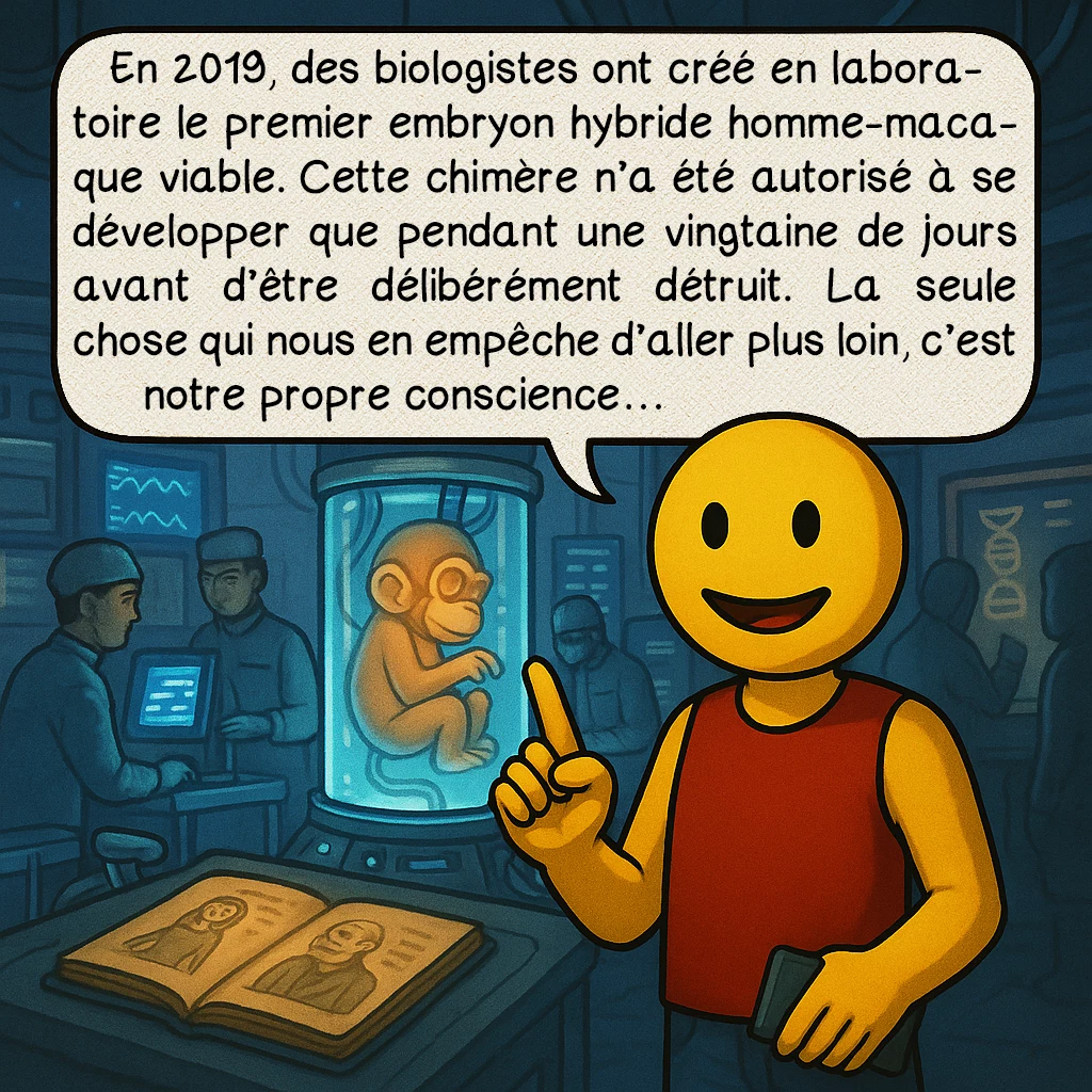 L’hybridation humaine, case 8 : En 2019, des biologistes ont créé en laboratoire le premier embryon hybride homme-macaque viable. Cette chimère n’a été autorisé à se développer que pendant une vingtaine de jours avant d’être délibérément détruit. La seule chose qui nous en empêche d’aller plus loin, c’est notre propre conscience…