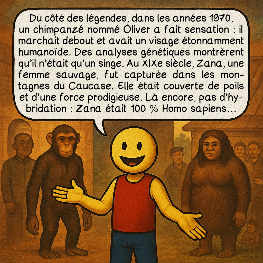 L’hybridation humaine, case 9 : Du côté des légendes, dans les années 1970, un chimpanzé nommé Oliver a fait sensation : il marchait debout et avait un visage étonnamment humanoïde. Des analyses génétiques montrèrent qu’il n’était qu’un singe. Au XIXe siècle, Zana, une femme sauvage, fut capturée dans les montagnes du Caucase. Elle était couverte de poils et d’une force prodigieuse. Là encore, pas d’hybridation : Zana était 100 % Homo sapiens… »