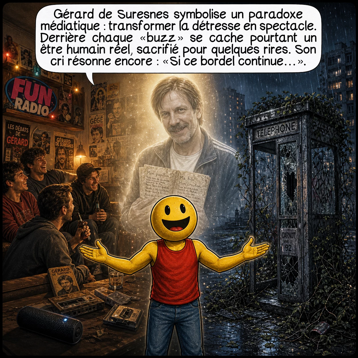Gérard de Suresnes, case 10 : Gérard de Suresnes incarne le paradoxe de notre époque médiatique : transformer la détresse en spectacle, l’authenticité en produit, la différence en moquerie. Victime et complice, star et souffre-douleur, il révèle notre fascination malsaine pour les « freaks » qu’on consomme puis jette. Derrière chaque « buzz » d’aujourd’hui se cache peut-être un Gérard : un être humain réel, avec une histoire, une poésie, une dignité qu’on piétine pour quelques rires. Son cri résonne encore : « Si ce bordel continue… »