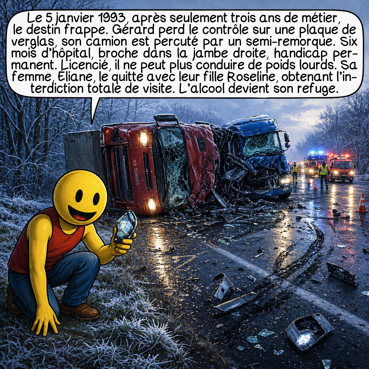 Gérard de Suresnes, case 2 : Le 5 janvier 1993, après seulement trois ans de métier, le destin frappe. Gérard perd le contrôle sur une plaque de verglas, son camion est percuté par un semi-remorque. Six mois d’hôpital, broche dans la jambe droite, handicap permanent. Licencié, il ne peut plus conduire de poids lourds. Sa femme, Éliane, le quitte avec leur fille Roseline, obtenant l’interdiction totale de visite. L’alcool devient son refuge.