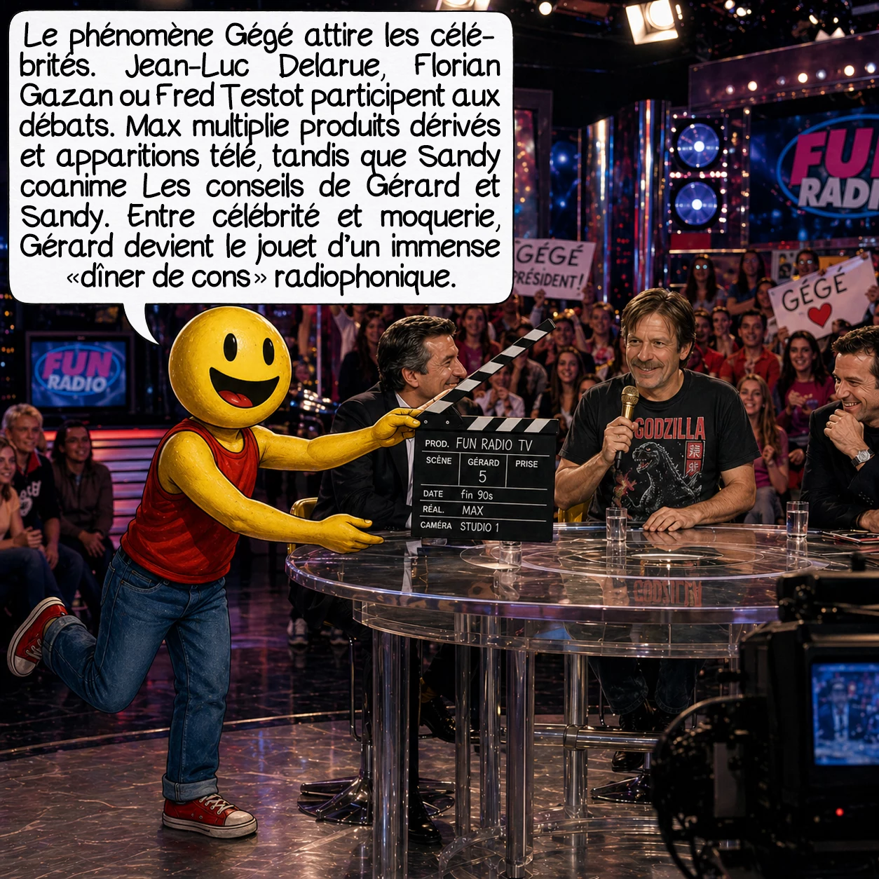 Gérard de Suresnes, case 5 : Le phénomène Gérard attire les célébrités. Jean-Luc Delarue, Florian Gazan, Fred Testot participent aux débats, fascinés par ce personnage authentique. Max capitalise : produits dérivés, cassettes de poèmes, apparitions télé. Sandy, sa nouvelle compagne rencontrée via l’antenne, coanime « Les Conseils de Gérard et Sandy ». Entre starification et humiliation publique, Gérard navigue sans comprendre qu’il est le jouet d’un « dîner de cons » radiophonique géant.