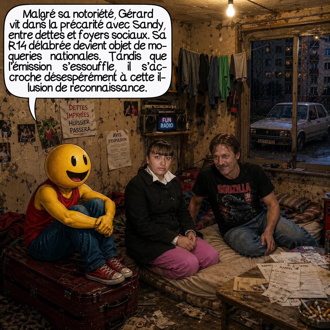 Gérard de Suresnes, case 6 : Malgré la notoriété, Gérard reste dans la précarité extrême. Expulsés de Suresnes, lui et Sandy survivent entre hôtels miteux et foyers sociaux. Les dettes s’accumulent, les huissiers menacent. La Renault 14 délabrée devient objet de moqueries nationales. L’émission perd en audience, les « habituels » se lassent du jeu cruel. Gérard, lui, s’accroche désespérément à cette illusion de reconnaissance qui structure sa vie chaotique.