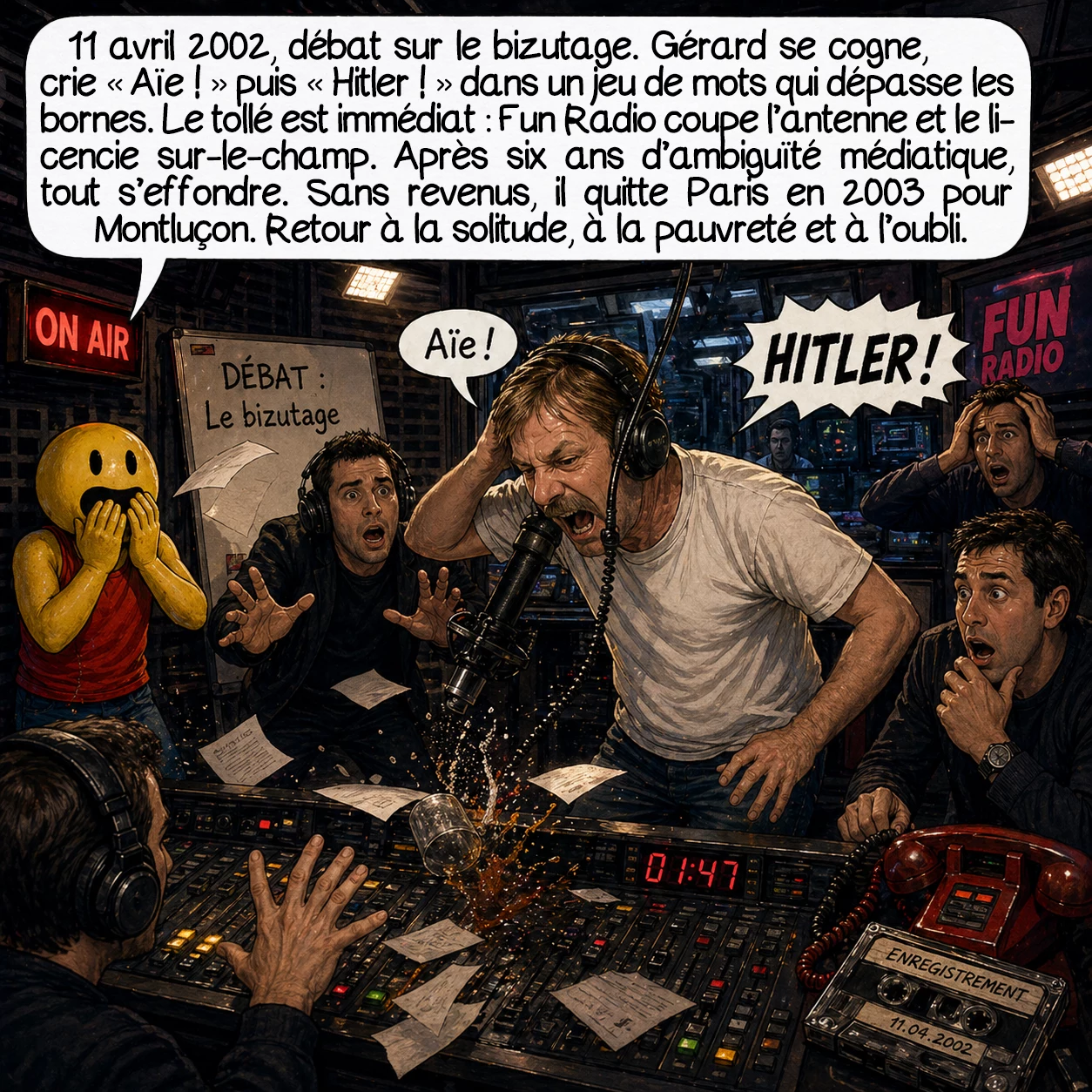 Gérard de Suresnes, case 7 : 11 avril 2002, débat sur le bizutage. Gérard se cogne, crie « Aïe ! » suivi de ce qui sonne comme « Hitler ! ». Maladresse ou dérapage, le tollé est immédiat. Fun Radio coupe l’antenne, le licencie sur-le-champ. Six ans d’exploitation ambiguë s’achèvent brutalement. Sans revenus, Gérard quitte Paris en 2003 pour Montluçon dans l’Allier. Retour à la case départ : solitude, pauvreté, oubli. La chute est vertigineuse et définitive.