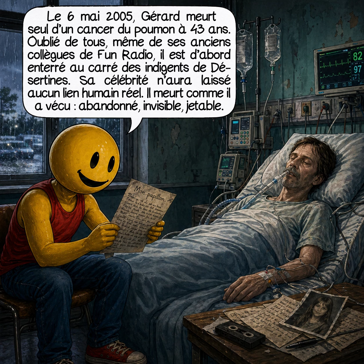 Gérard de Suresnes, case 8 : 6 mai 2005, Gérard meurt seul d’un cancer du poumon à 43 ans. Aucun proche présent, aucun ancien de Fun Radio. D’abord enterré dans la fosse commune de Désertines, carré des indigents. Sandy l’avait quitté après le licenciement. Max et les autres l’ont oublié sitôt l’antenne coupée. Six ans de célébrité n’ont créé aucun lien humain réel. Il meurt comme il a vécu : abandonné, invisible, jetable.