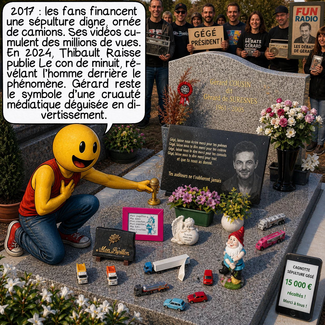 Gérard de Suresnes, case 9 : 2017 : les fans financent enfin une sépulture digne, ornée des camions qu’il chérissait. Les archives YouTube cumulent des millions de vues. 2024 : Thibault Raisse publie « Le con de minuit », biographie révélant l’homme derrière le phénomène. Les « habituels » témoignent, certains regrettent. La mémoire collective retient les rires, mais oublie les larmes. Gérard reste le miroir troublant de notre cruauté médiatique déguisée en divertissement.