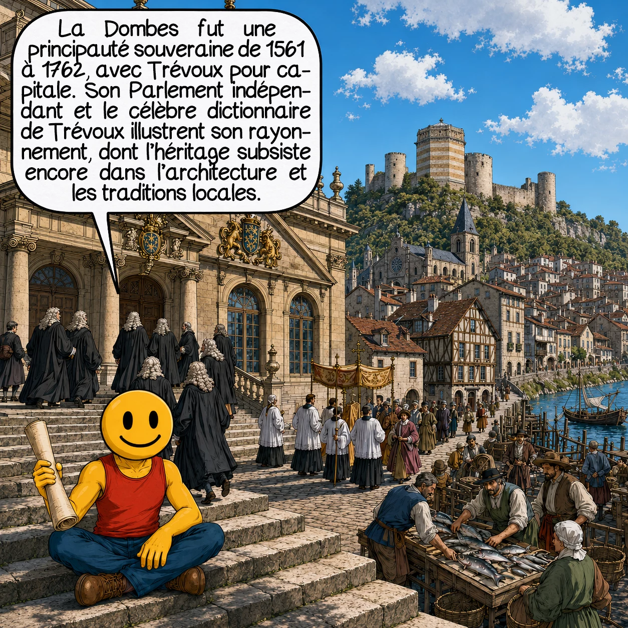 La Dombes, case 3 : La Dombes fut une principauté souveraine de 1561 à 1762, avec Trévoux pour capitale brillante. Son Parlement unique rendait justice en toute indépendance, attirant juristes et imprimeurs renommés — le dictionnaire de Trévoux y fut édité. Cette autonomie politique favorisa le développement d’institutions propres et d’une identité culturelle forte, dont les traces subsistent dans l’architecture monumentale et les traditions locales préservées.