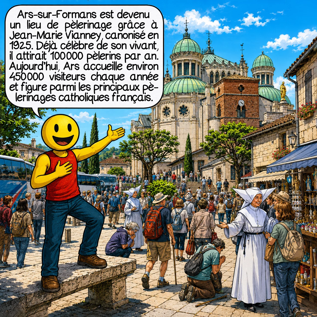 La Dombes, case 4 : Ars-sur-Formans est devenu un haut lieu de pèlerinage mondial grâce à Jean-Marie Vianney, le Saint Curé d’Ars, canonisé en 1925. Ce simple prêtre de campagne attira de son vivant 100 000 pèlerins annuels par sa sainteté et ses conseils spirituels. Aujourd’hui, 450 000 visiteurs perpétuent cette tradition, faisant d’Ars le quatrième lieu de pèlerinage catholique français après Lourdes, Lisieux et Paray-le-Monial.