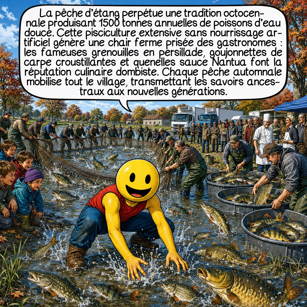 La Dombes, case 5 : La pêche d’étang perpétue une tradition octocennale produisant 1500 tonnes annuelles de poissons d’eau douce. Cette pisciculture extensive sans nourrissage artificiel génère une chair ferme prisée des gastronomes : les fameuses grenouilles en persillade, goujonnettes de carpe croustillantes et quenelles sauce Nantua font la réputation culinaire dombiste. Chaque pêche automnale mobilise tout le village, transmettant les savoirs ancestraux aux nouvelles générations.