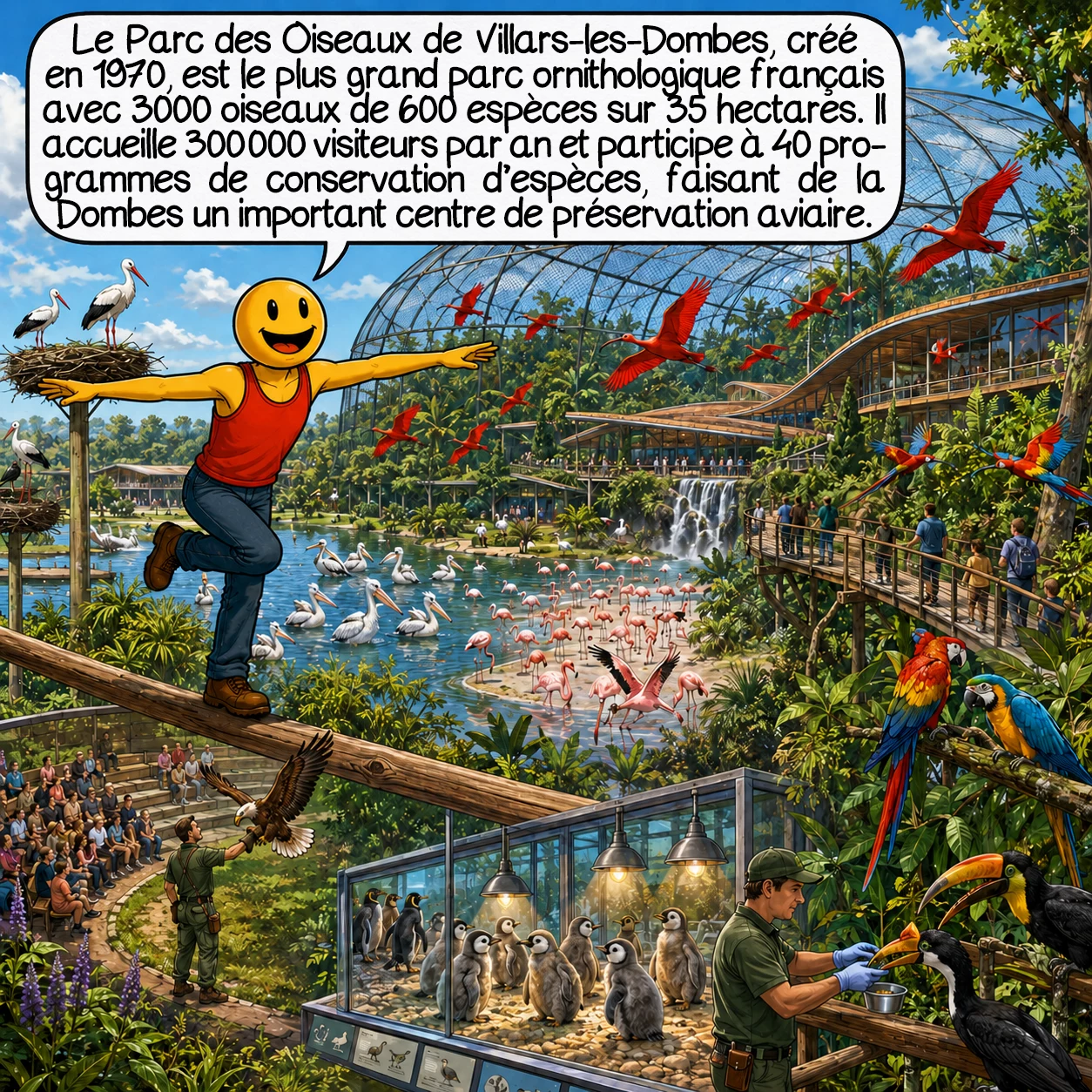 La Dombes, case 6 : Le Parc des Oiseaux de Villars-les-Dombes, créé en 1970, constitue le plus grand parc ornithologique français avec 3000 oiseaux de 600 espèces sur 35 hectares. Cette vitrine mondiale de la biodiversité dombiste accueille 300 000 visiteurs annuels, générant une économie touristique cruciale. Le parc participe à 40 programmes de conservation d’espèces menacées, transformant la Dombes en laboratoire vivant de la préservation aviaire.