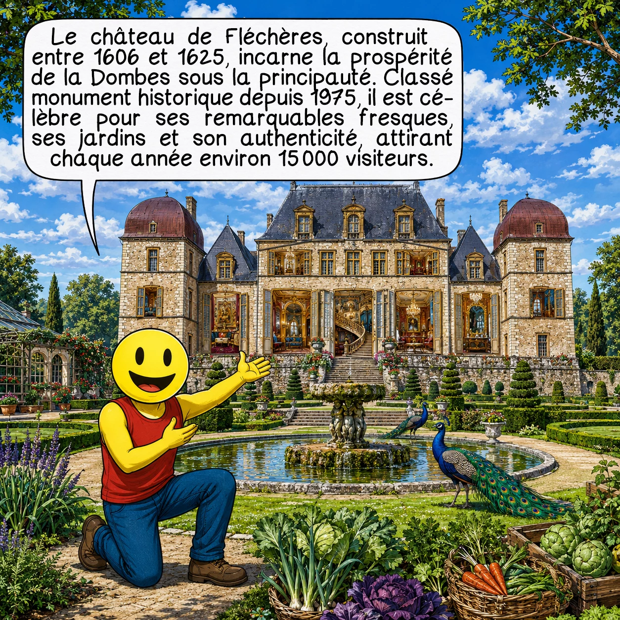 La Dombes, case 7 : Le château de Fléchères, joyau architectural édifié entre 1606 et 1625, témoigne de la prospérité dombiste sous la principauté. Ses fresques exceptionnelles, parmi les plus belles de France, illustrent la richesse culturelle de cette époque. Monument historique depuis 1975, il symbolise l’art de vivre aristocratique dombiste, attirant 15 000 visiteurs annuels séduits par son authenticité préservée et ses jardins remarquables.