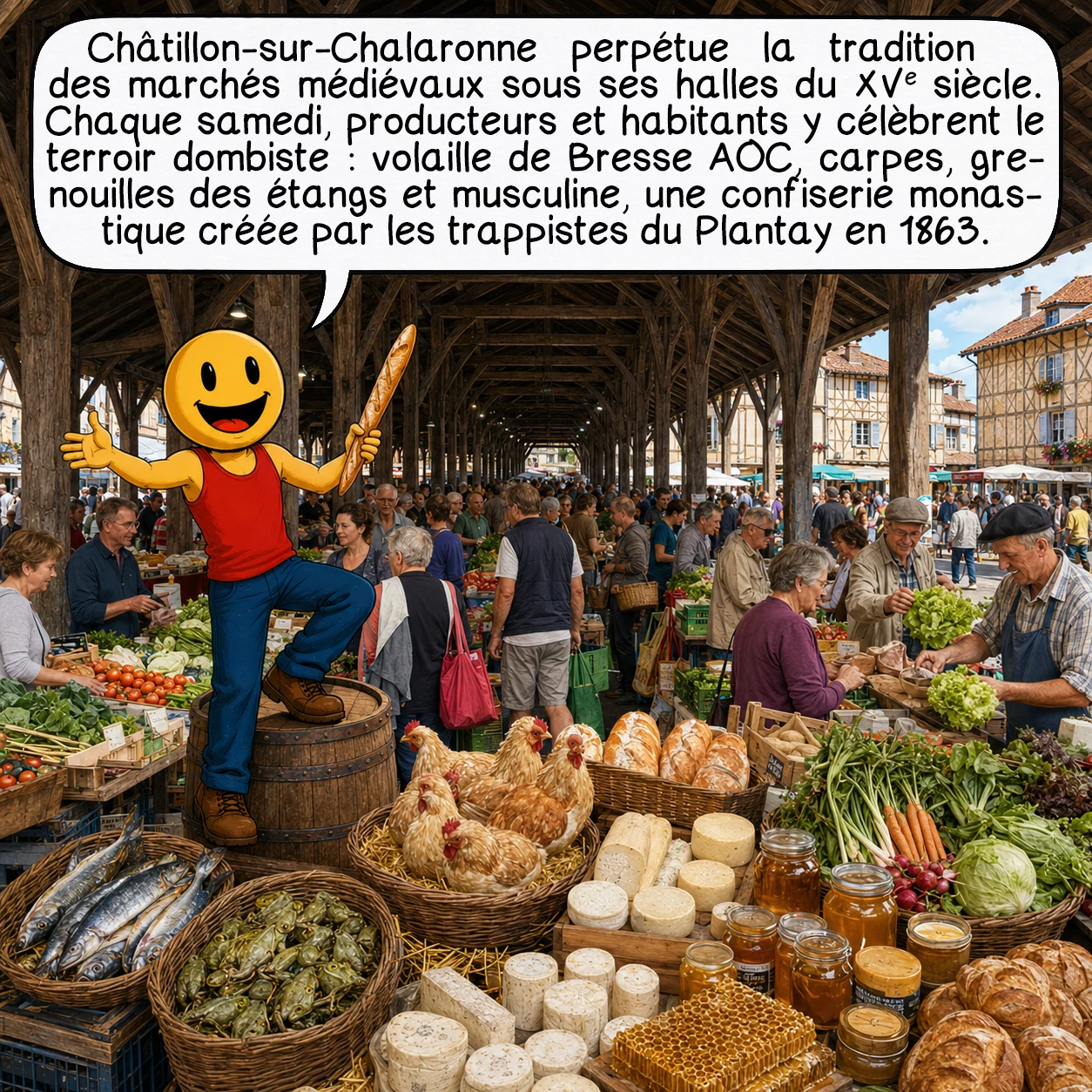 La Dombes, case 8 : Châtillon-sur-Chalaronne perpétue la tradition des marchés médiévaux sous ses halles du XVe siècle admirablement préservées. Chaque samedi, producteurs et habitants célèbrent le terroir dombiste : volaille de Bresse AOC, carpes et grenouilles des étangs, sans oublier la fameuse musculine, confiserie monastique unique à base de bœuf et fruits confits produite par les trappistes du Plantay depuis 1863.