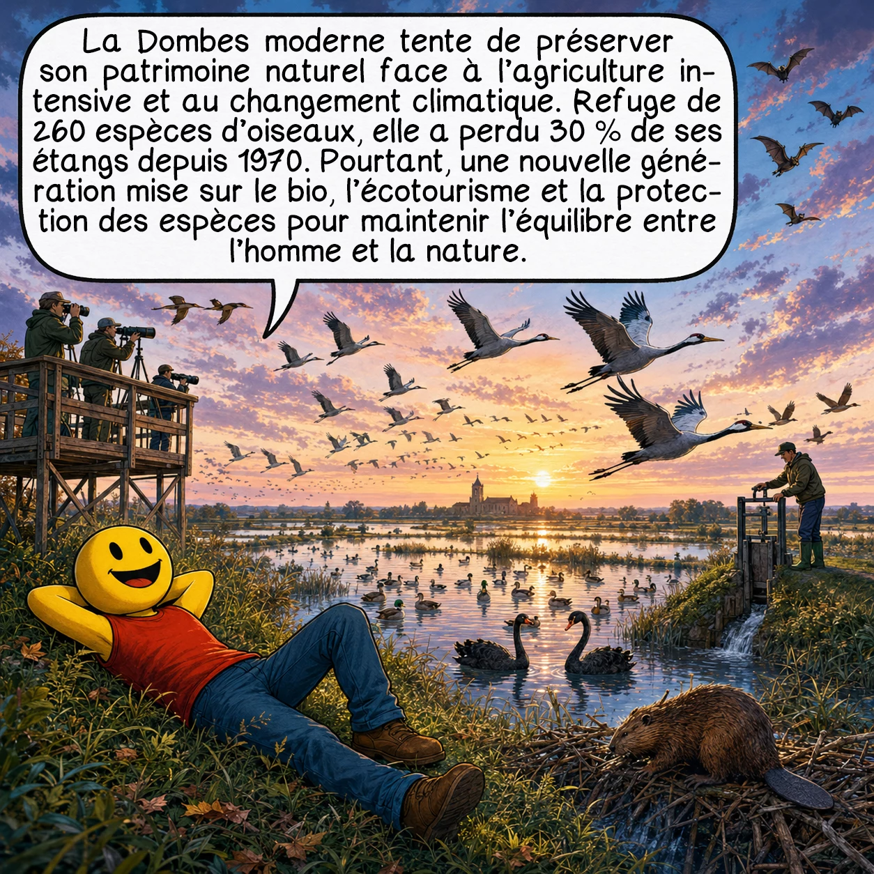 La Dombes, case 9 : La Dombes moderne équilibre patrimoine millénaire et défis contemporains. Zone importante pour la conservation des oiseaux accueillant 260 espèces, elle reste menacée par l’intensification agricole et le changement climatique. Depuis 1970, 30 % des étangs ont disparu, mais une nouvelle génération d’écoacteurs réinvente la tradition : labels bio, écotourisme, réintroduction d’espèces… La survie de ce joyau dépend de notre capacité collective à perpétuer l’harmonie séculaire entre l’homme et la nature.