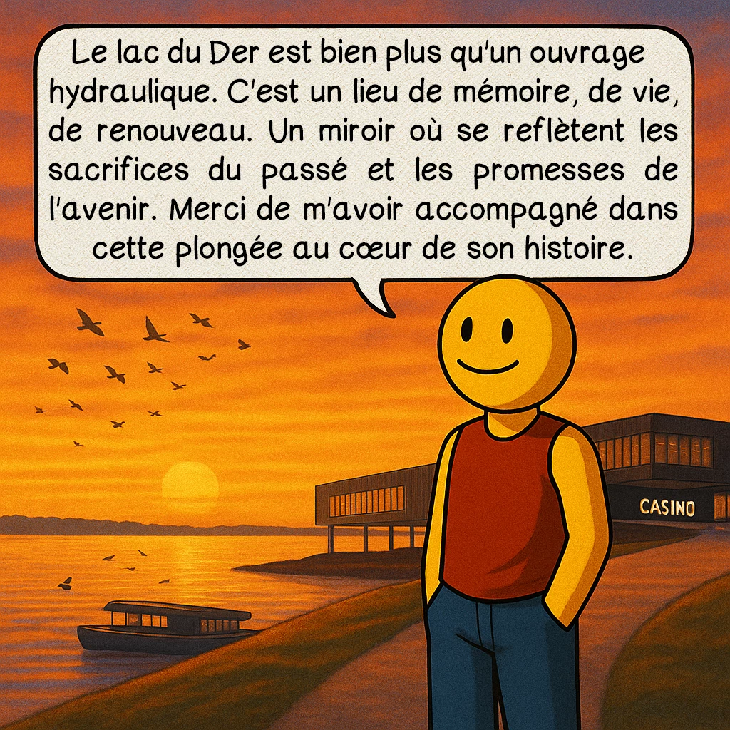 Le lac du Der, case 10 : – Conclusion
Le lac du Der est bien plus qu'un ouvrage hydraulique. C'est un lieu de mémoire, de vie, de renouveau. Un miroir où se reflètent les sacrifices du passé et les promesses de l'avenir. Merci de m'avoir accompagné dans cette plongée au cœur de son histoire.