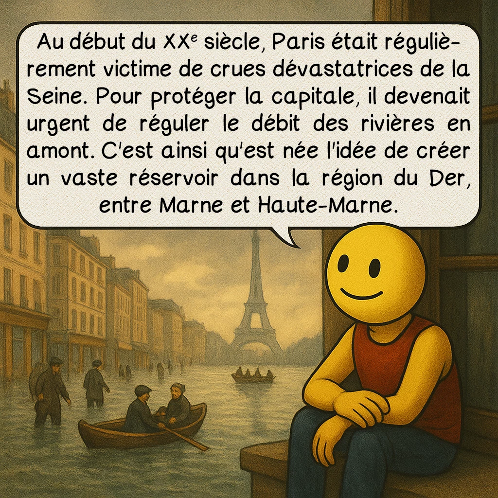 Le lac du Der, case 2 : – Les origines du projet
Au début du XXe siècle, Paris était régulièrement victime de crues dévastatrices de la Seine. Pour protéger la capitale, il devenait urgent de réguler le débit des rivières en amont. C'est ainsi qu'est née l'idée de créer un vaste réservoir dans la région du Der, entre Marne et Haute-Marne.