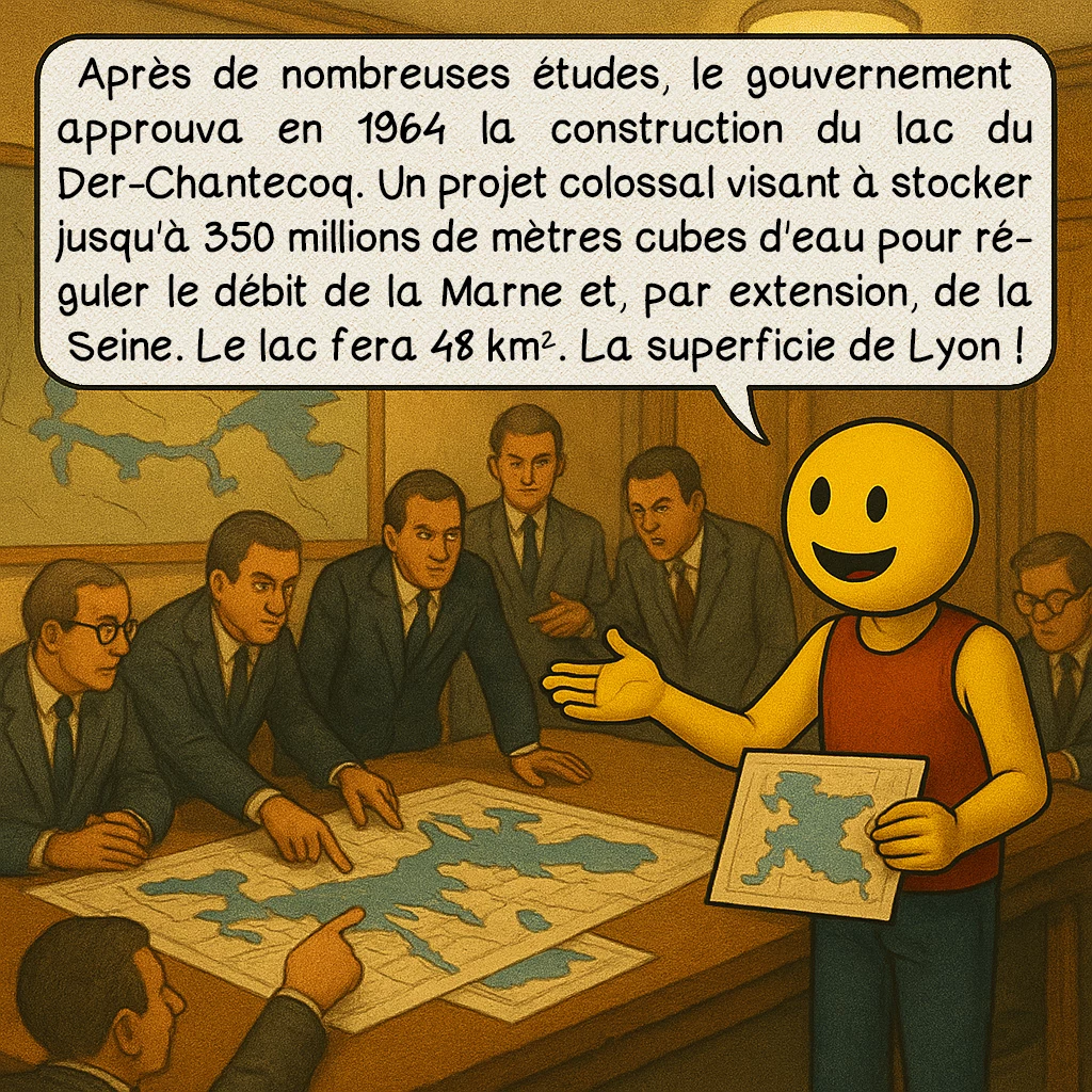 Le lac du Der, case 3 : – La décision
Après de nombreuses études, le gouvernement approuva en 1964 la construction du lac du Der-Chantecoq. Un projet colossal visant à stocker jusqu'à 350 millions de mètres cubes d'eau pour réguler le débit de la Marne et, par extension, de la Seine. Le lac fera 48 km². La superficie de Lyon !