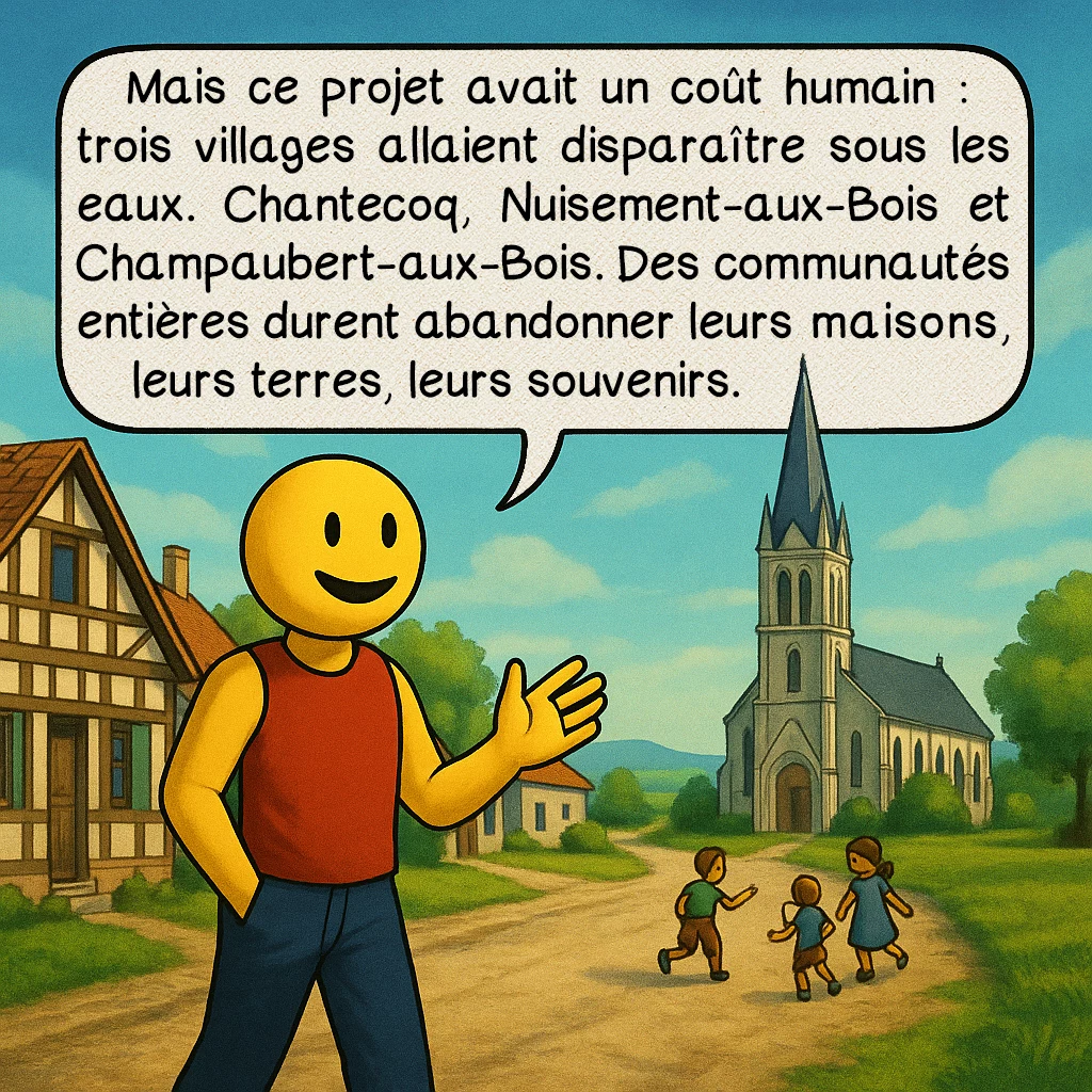Le lac du Der, case 4 : – Les villages sacrifiés
Mais ce projet avait un coût humain : trois villages allaient disparaître sous les eaux. Chantecoq, Nuisement-aux-Bois et Champaubert-aux-Bois. Des communautés entières durent abandonner leurs maisons, leurs terres, leurs souvenirs.
