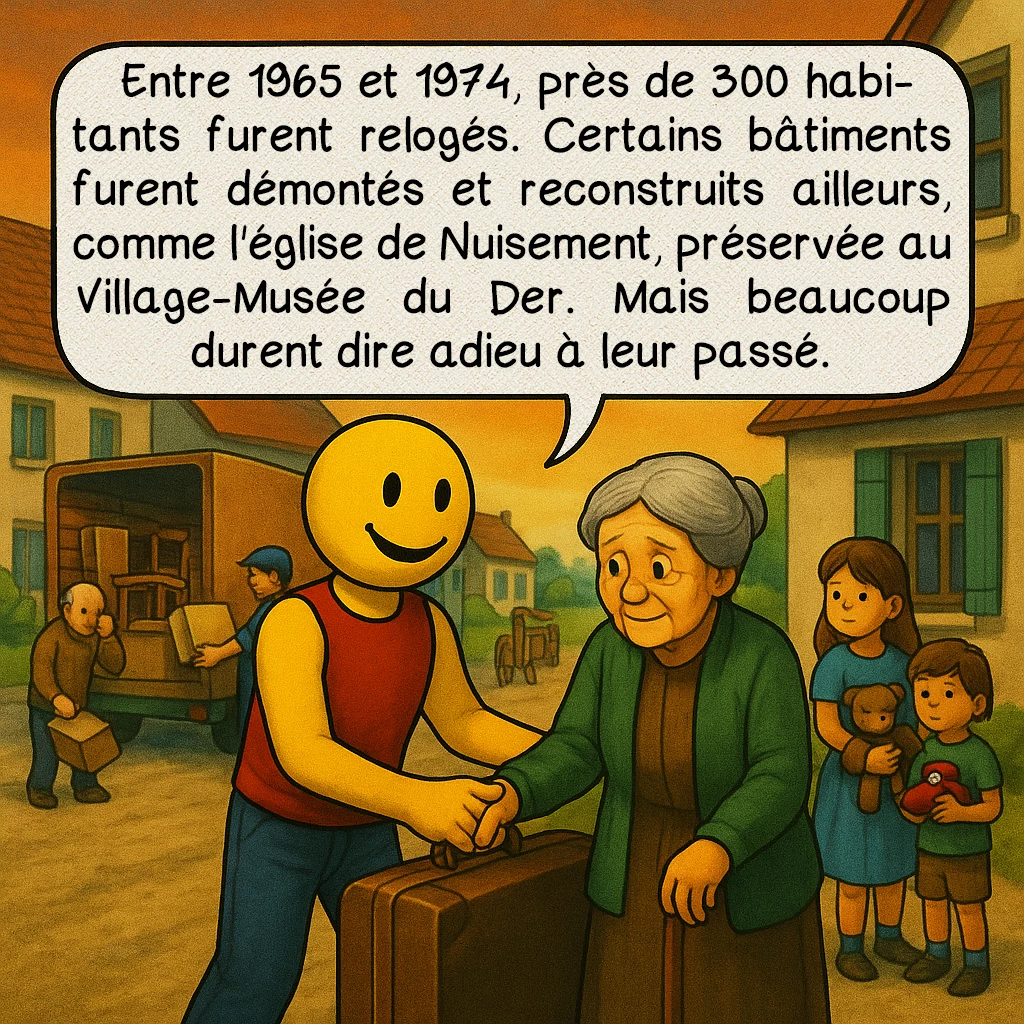 Le lac du Der, case 5 : – Le déménagement
Entre 1965 et 1974, près de 300 habitants furent relogés. Certains bâtiments furent démontés et reconstruits ailleurs, comme l'église de Nuisement, préservée au Village-Musée du Der. Mais beaucoup durent dire adieu à leur passé.