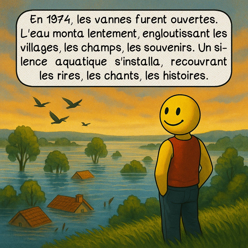 Le lac du Der, case 6 : – La mise en eau
En 1974, les vannes furent ouvertes. L'eau monta lentement, engloutissant les villages, les champs, les souvenirs. Un silence aquatique s'installa, recouvrant les rires, les chants, les histoires.