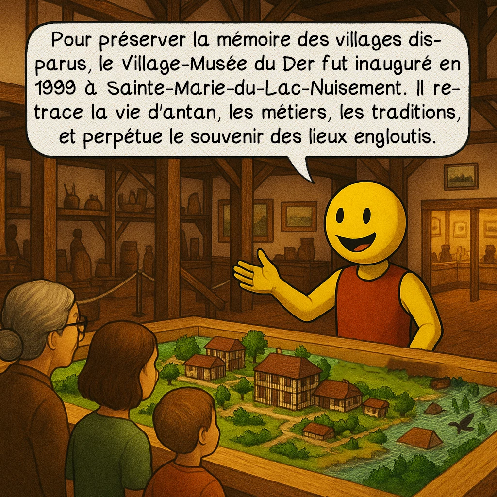 Le lac du Der, case 7 : – La mémoire
Pour préserver la mémoire des villages disparus, le Village-Musée du Der fut inauguré en 1999 à Sainte-Marie-du-Lac-Nuisement. Il retrace la vie d'antan, les métiers, les traditions, et perpétue le souvenir des lieux engloutis.