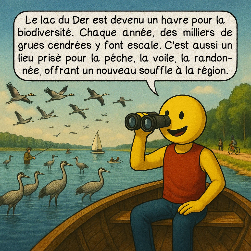 Le lac du Der, case 8 : – Un nouvel écosystème
Le lac du Der est devenu un havre pour la biodiversité. Chaque année, des milliers de grues cendrées y font escale. C'est aussi un lieu prisé pour la pêche, la voile, la randonnée, offrant un nouveau souffle à la région.