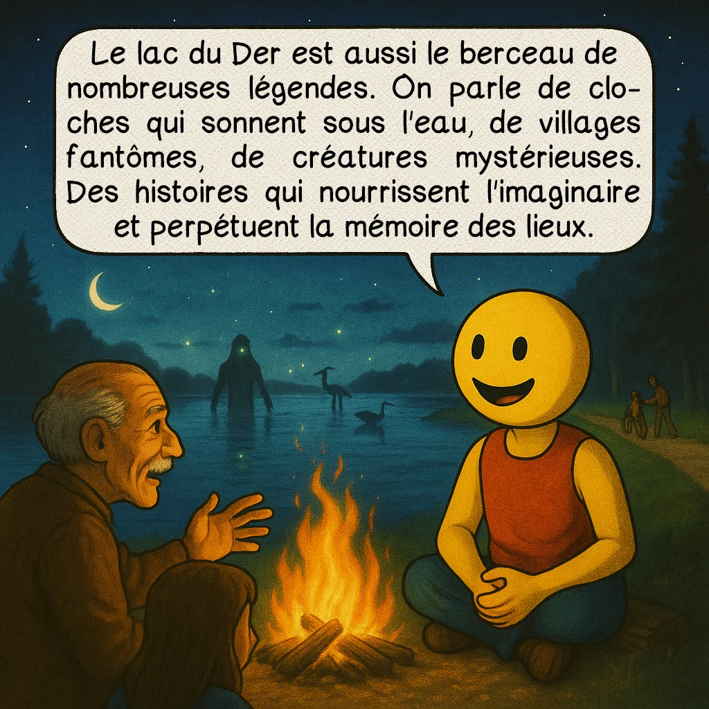 Le lac du Der, case 9 : – Les légendes du Der
Le lac du Der est aussi le berceau de nombreuses légendes. On parle de cloches qui sonnent sous l'eau, de villages fantômes, de créatures mystérieuses. Des histoires qui nourrissent l'imaginaire et perpétuent la mémoire des lieux.