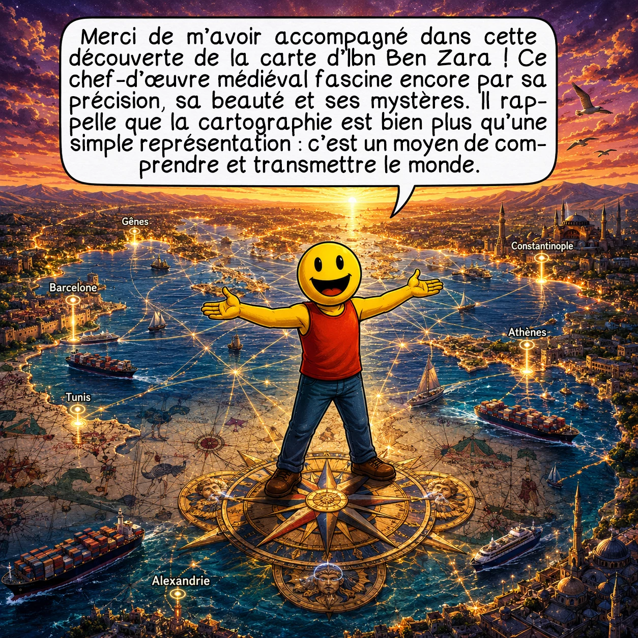 La carte d’Ibn ben Zara, case 10 : Merci de m’avoir accompagné dans cette exploration de la carte d’Ibn Ben Zara ! Ce chef-d’œuvre cartographique, malgré les siècles, continue de nous émerveiller par sa précision, sa beauté et ses mystères non résolus. Il nous rappelle que la cartographie transcende la simple représentation : c’est l’art de capturer le monde, de le comprendre et de le transmettre. Les routes qu’il trace restent les artères du commerce méditerranéen moderne. À bientôt pour une nouvelle aventure cartographique dans les trésors oubliés de l’histoire !