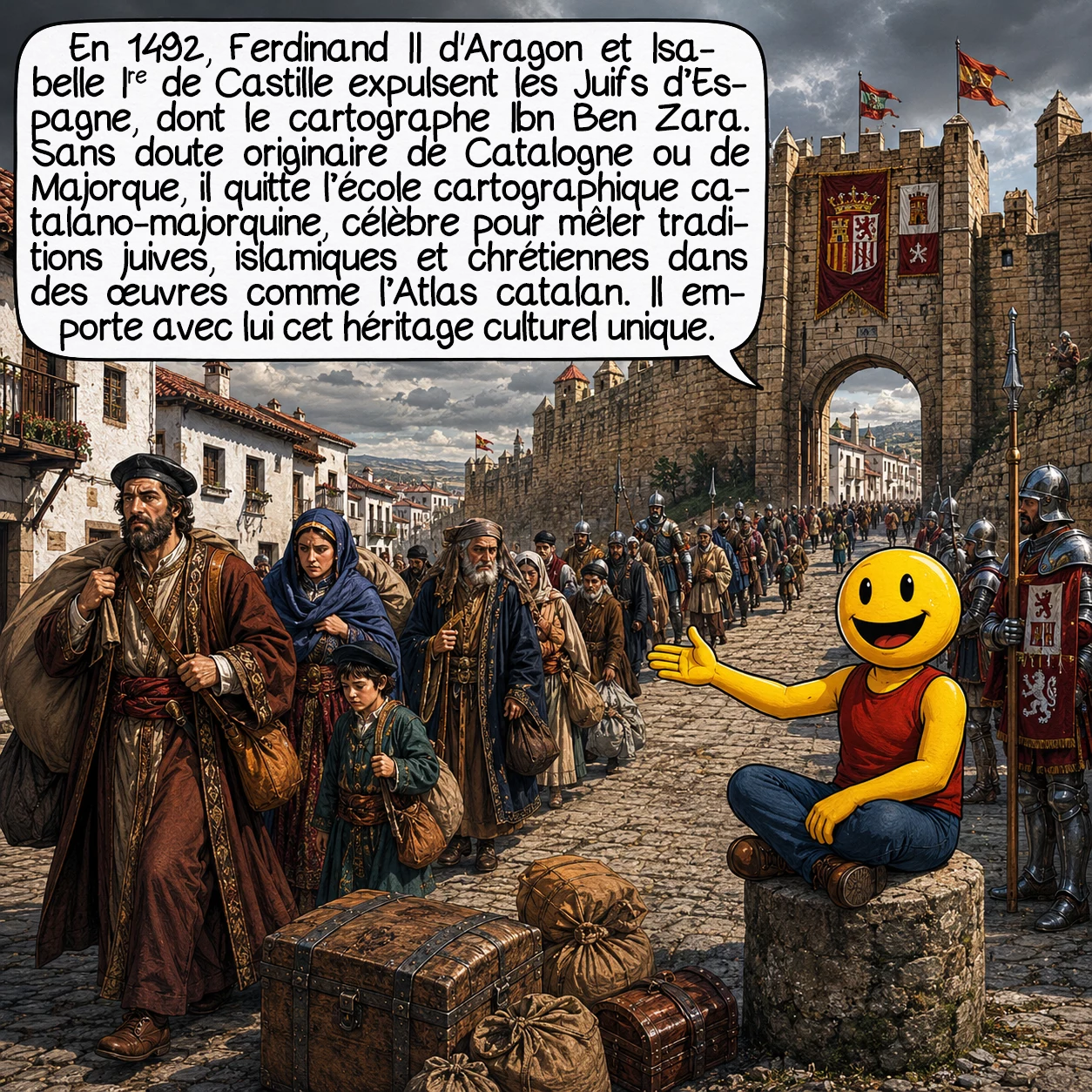 La carte d’Ibn ben Zara, case 2 : En 1492, Ferdinand et Isabelle expulsent tous les Juifs d’Espagne, incluant notre cartographe Ibn Ben Zara. Probablement originaire de Catalogne ou de Majorque, il doit abandonner l’importante école cartographique catalano-majorquine. Cette école unique fusionnait les traditions cartographiques juives, islamiques et chrétiennes, produisant des chefs-d’œuvre comme l’Atlas catalan. Ben Zara emporte avec lui cette synthèse culturelle exceptionnelle, témoignage d’un échange de connaissances riche et complexe entre les trois grandes traditions méditerranéennes.