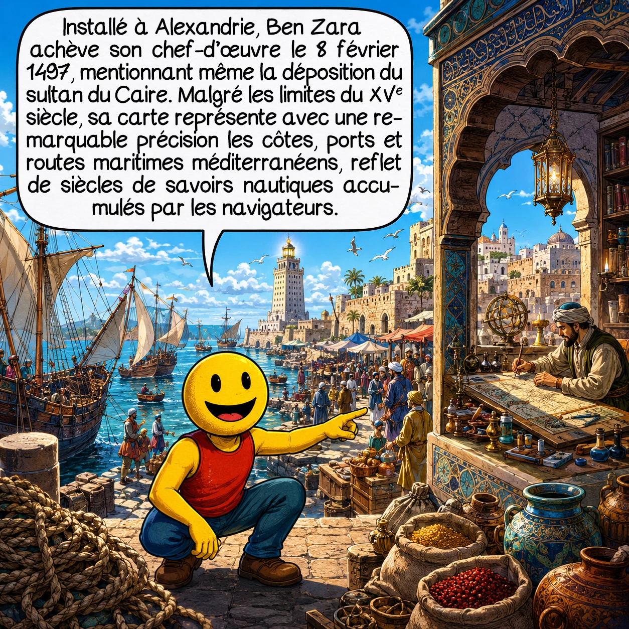 La carte d’Ibn ben Zara, case 3 : Alexandrie devient le nouveau foyer de Ben Zara. Le 8 février 1497, il achève son chef-d’œuvre, notant sur la légende le jour exact de la déposition du sultan du Caire. Malgré les moyens limités du XVe siècle, la carte offre une représentation étonnamment précise des côtes méditerranéennes, des ports et des routes maritimes. Cette précision témoigne d’une connaissance approfondie de la géographie, fruit de siècles d’observations nautiques compilées et affinées par les navigateurs méditerranéens.