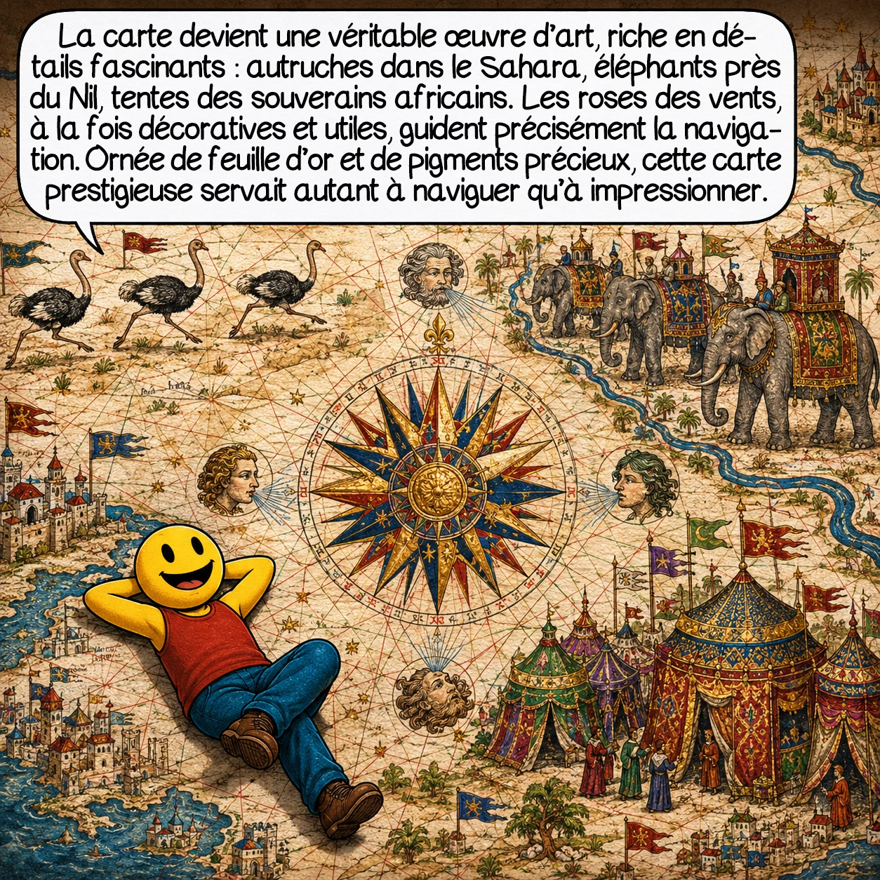 La carte d’Ibn ben Zara, case 4 : La carte devient une œuvre d’art extraordinaire, ornée de détails minutieux fascinants. Des autruches courent dans le Sahara, des éléphants processionnent près du Nil, des tentes somptueuses représentent les souverains africains. Les magnifiques roses des vents ne sont pas que décoratives : elles indiquent précisément les directions pour la navigation. Cette richesse artistique, utilisant généreusement feuille d’or et pigments précieux, témoigne du prestige de cette carte, objet à la fois fonctionnel et somptuaire destiné à impressionner autant qu’à guider.
