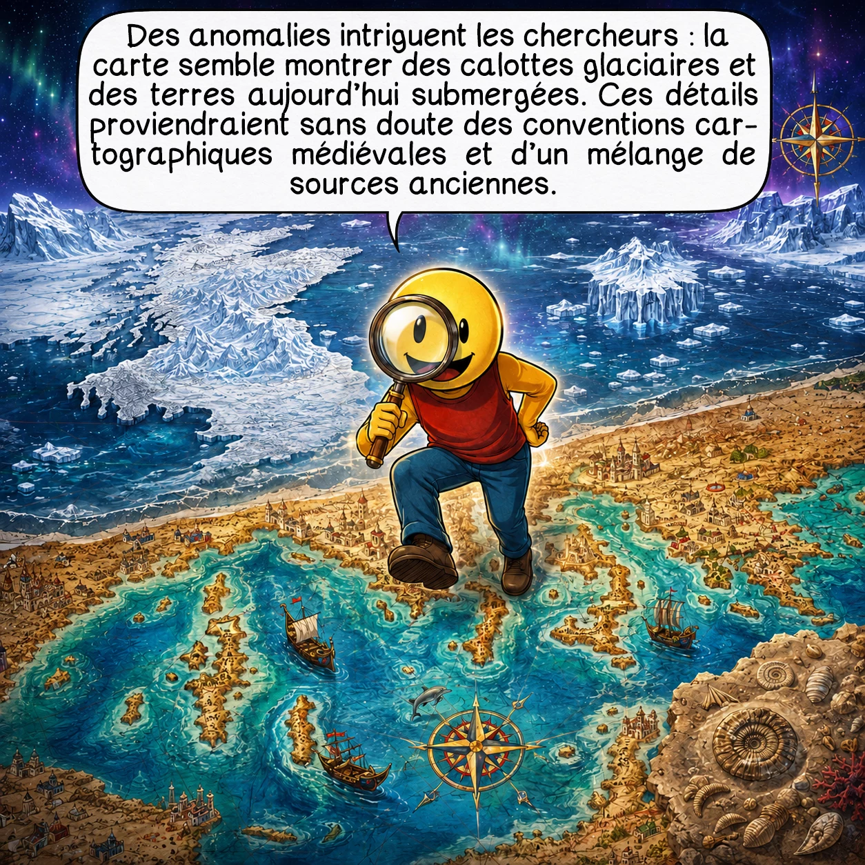 La carte d’Ibn ben Zara, case 5 : Des anomalies intrigantes défient les chercheurs : la carte semble montrer des zones ressemblant à des calottes glaciaires en Angleterre et en Écosse, ainsi que des terres méditerranéennes aujourd’hui submergées. Ces détails troublants suggèrent soit une connaissance ancienne de changements climatiques drastiques, soit la copie de sources antérieures mystérieuses. Bien que ces observations alimentent des spéculations sur des périodes glaciaires récentes ou des variations du niveau marin, l’explication reste probablement dans les conventions cartographiques médiévales et l’amalgame de sources diverses.