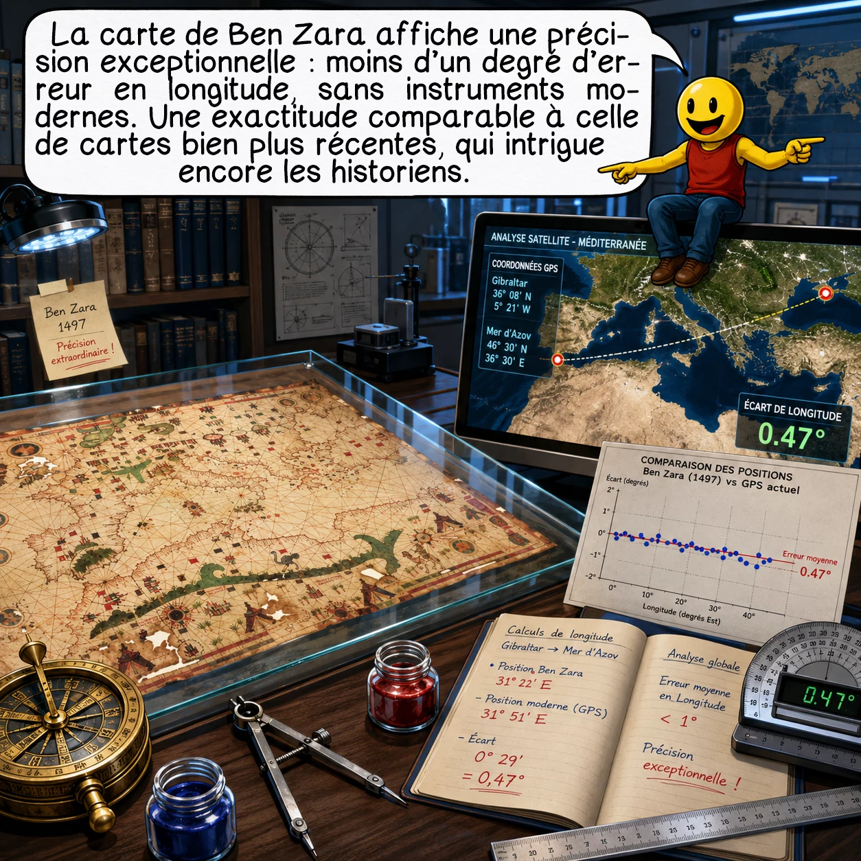 La carte d’Ibn ben Zara, case 6 : La précision de Ben Zara reste stupéfiante : l’écart de longitude entre Gibraltar et la mer d’Azov n’excède pas un demi-degré ! Sur l’ensemble de la carte, l’erreur moyenne en longitude reste inférieure à un degré. Cette exactitude extraordinaire, obtenue sans instruments modernes, uniquement par compilation d’observations nautiques et astronomiques, égale celle de cartes créées des siècles plus tard. Comment une telle précision fut-elle possible ? Les historiens débattent encore de ses méthodes et sources.