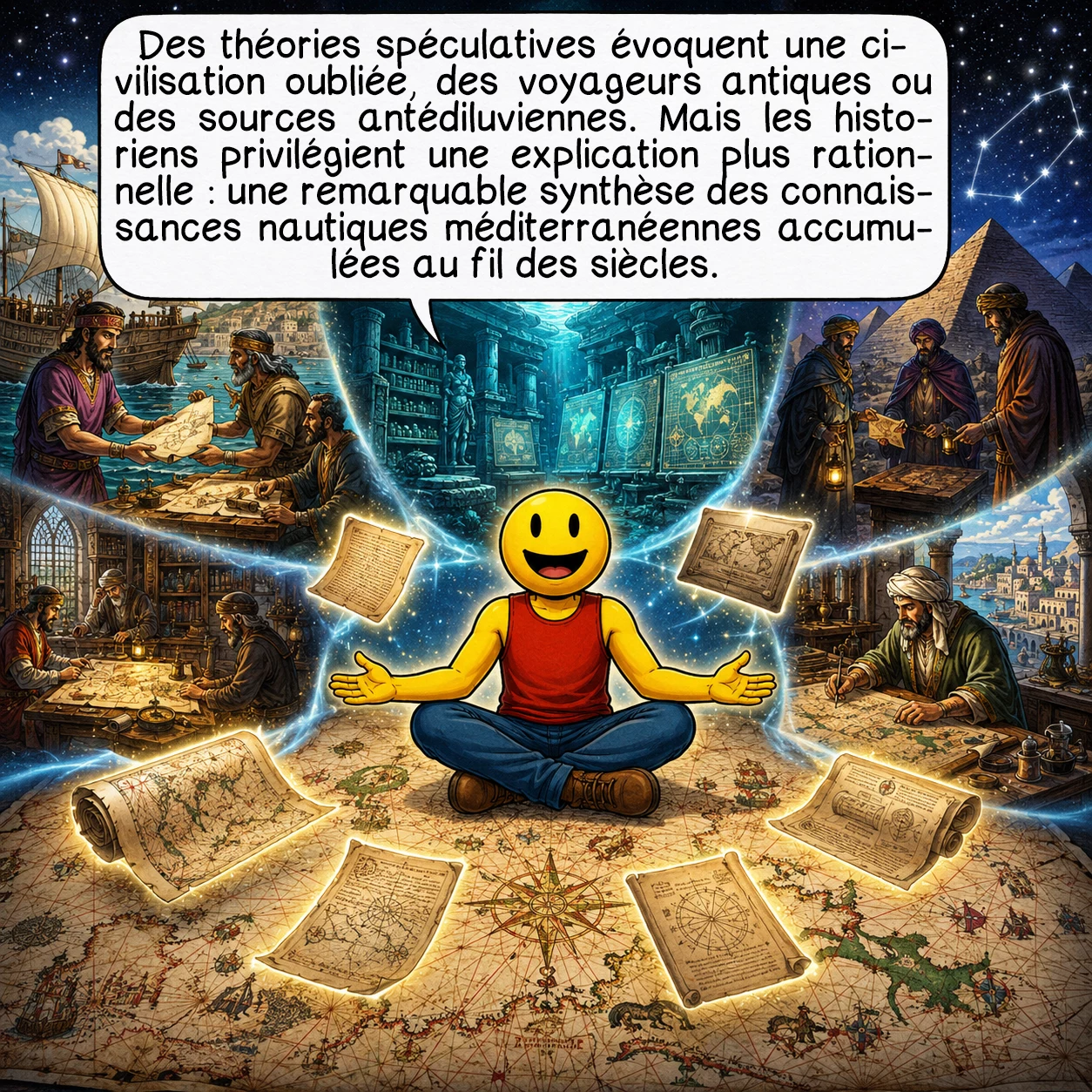 La carte d’Ibn ben Zara, case 7 : Des théories audacieuses, mais spéculatives tentent d’expliquer les mystères de la carte. Certains suggèrent qu’elle pourrait refléter les connaissances d’une civilisation avancée oubliée, ou des informations transmises par des voyageurs antiques — Phéniciens, Vikings, voire survivants de l’Atlantide. D’autres y voient la compilation de sources antédiluviennes préservées secrètement. Bien que fascinantes, ces théories restent largement réfutées par les historiens qui privilégient l’explication d’une synthèse exceptionnelle des connaissances nautiques méditerranéennes accumulées sur des siècles.