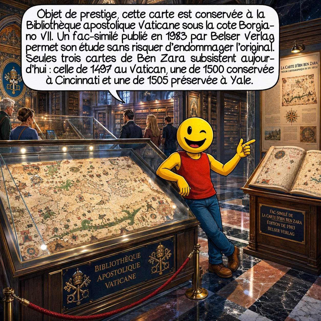 La carte d’Ibn ben Zara, case 8 : Objet de prestige et trésor historique, l’original de la carte est précieusement conservé à la Bibliothèque Apostolique Vaticane sous la cote Borgiano VII. Une édition fac-similé minutieuse fut publiée en 1983 par Belser Verlag, permettant aux chercheurs du monde entier d’étudier cette merveille sans manipuler l’original fragile. Seules trois cartes de Ben Zara ont survécu : celle-ci de 1497, une au Caire de 1500 conservée à Cincinnati, et une dernière de 1505 créée à Safed, conservée à Yale.
