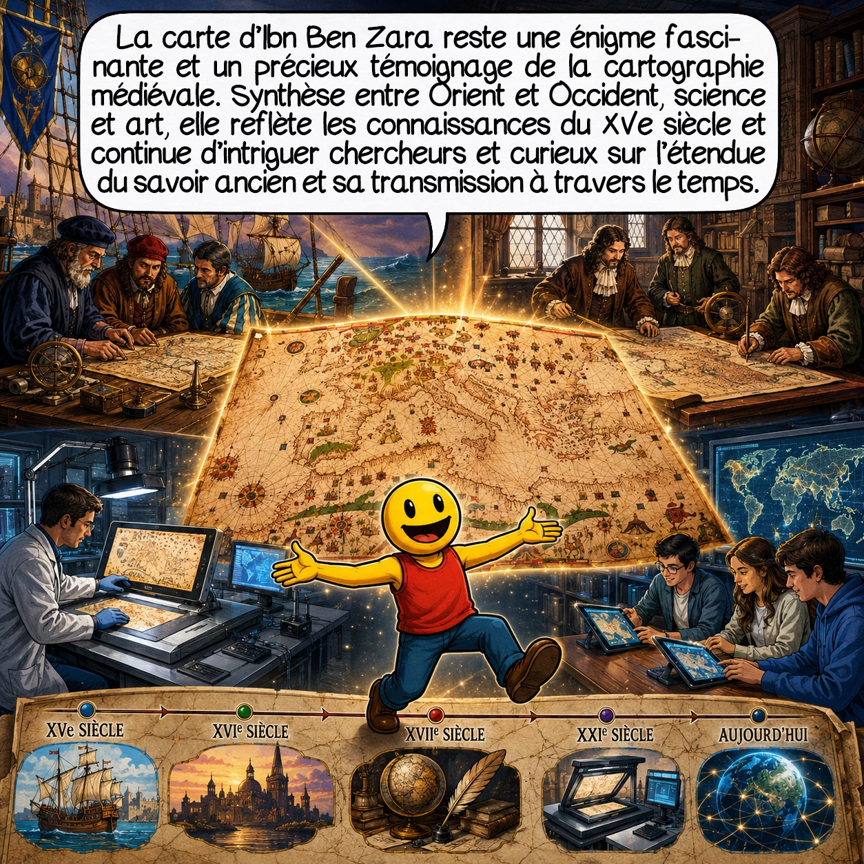 La carte d’Ibn ben Zara, case 9 : La carte d’Ibn Ben Zara demeure une énigme persistante et un témoignage précieux de la cartographie médiévale. Elle offre un aperçu unique des connaissances géographiques et culturelles du XVe siècle, synthèse remarquable où se rencontrent Orient et Occident, science et art, précision et mystère. Malgré les siècles écoulés, elle continue de susciter l’admiration des chercheurs et la curiosité du public, nous interrogeant sur les limites réelles du savoir ancien et la transmission des connaissances à travers les âges.
