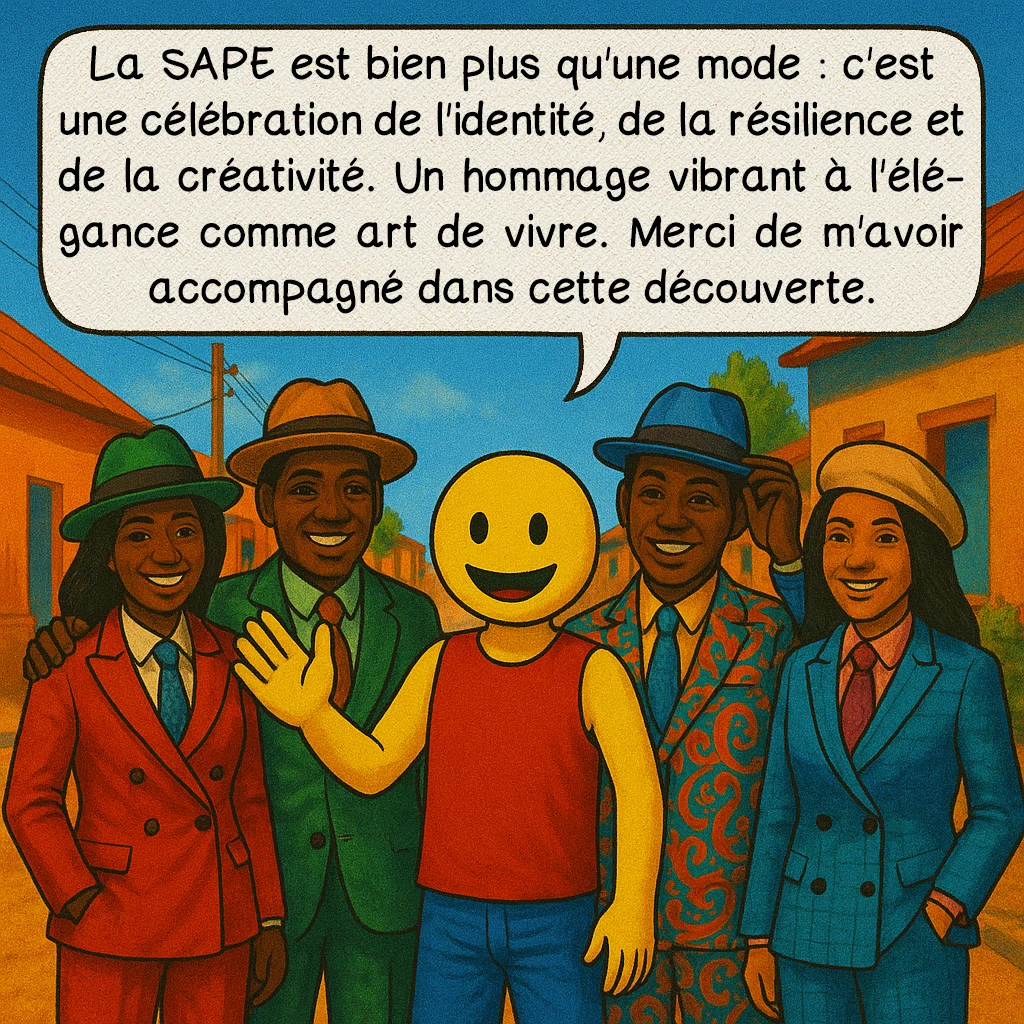 La SAPE, case 10 : Conclusion
La SAPE est bien plus qu'une mode : c'est une célébration de l'identité, de la résilience et de la créativité. Un hommage vibrant à l'élégance comme art de vivre. Merci de m'avoir accompagné dans cette découverte.