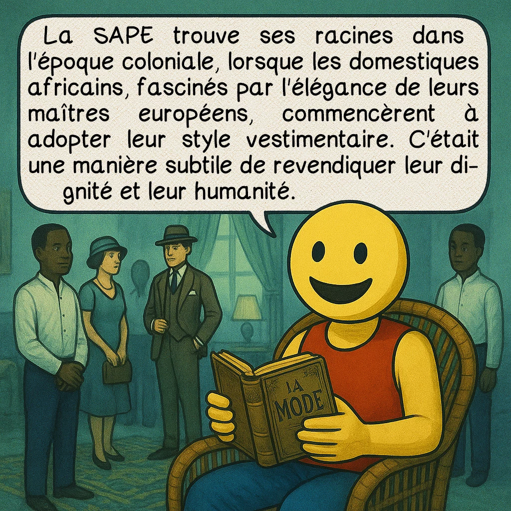 La SAPE, case 2 : Les origines coloniales
La SAPE trouve ses racines dans l'époque coloniale, lorsque les domestiques africains, fascinés par l'élégance de leurs maîtres européens, commencèrent à adopter leur style vestimentaire. C'était une manière subtile de revendiquer leur dignité et leur humanité.