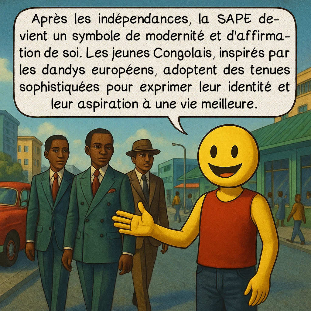 La SAPE, case 3 : L'essor post-indépendance
Après les indépendances, la SAPE devient un symbole de modernité et d'affirmation de soi. Les jeunes Congolais, inspirés par les dandys européens, adoptent des tenues sophistiquées pour exprimer leur identité et leur aspiration à une vie meilleure.