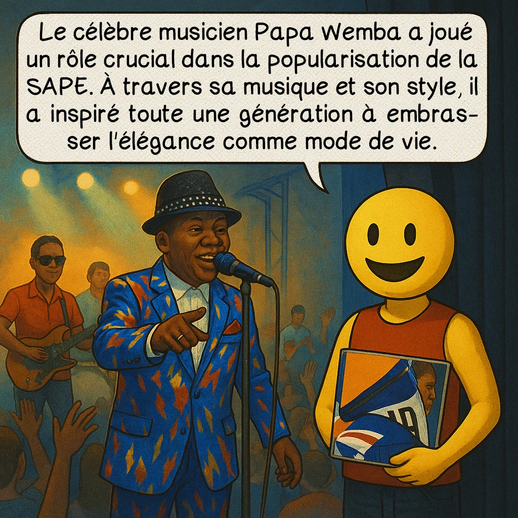 La SAPE, case 4 : La popularisation
Le célèbre musicien Papa Wemba a joué un rôle crucial dans la popularisation de la SAPE. À travers sa musique et son style, il a inspiré toute une génération à embrasser l'élégance comme mode de vie.