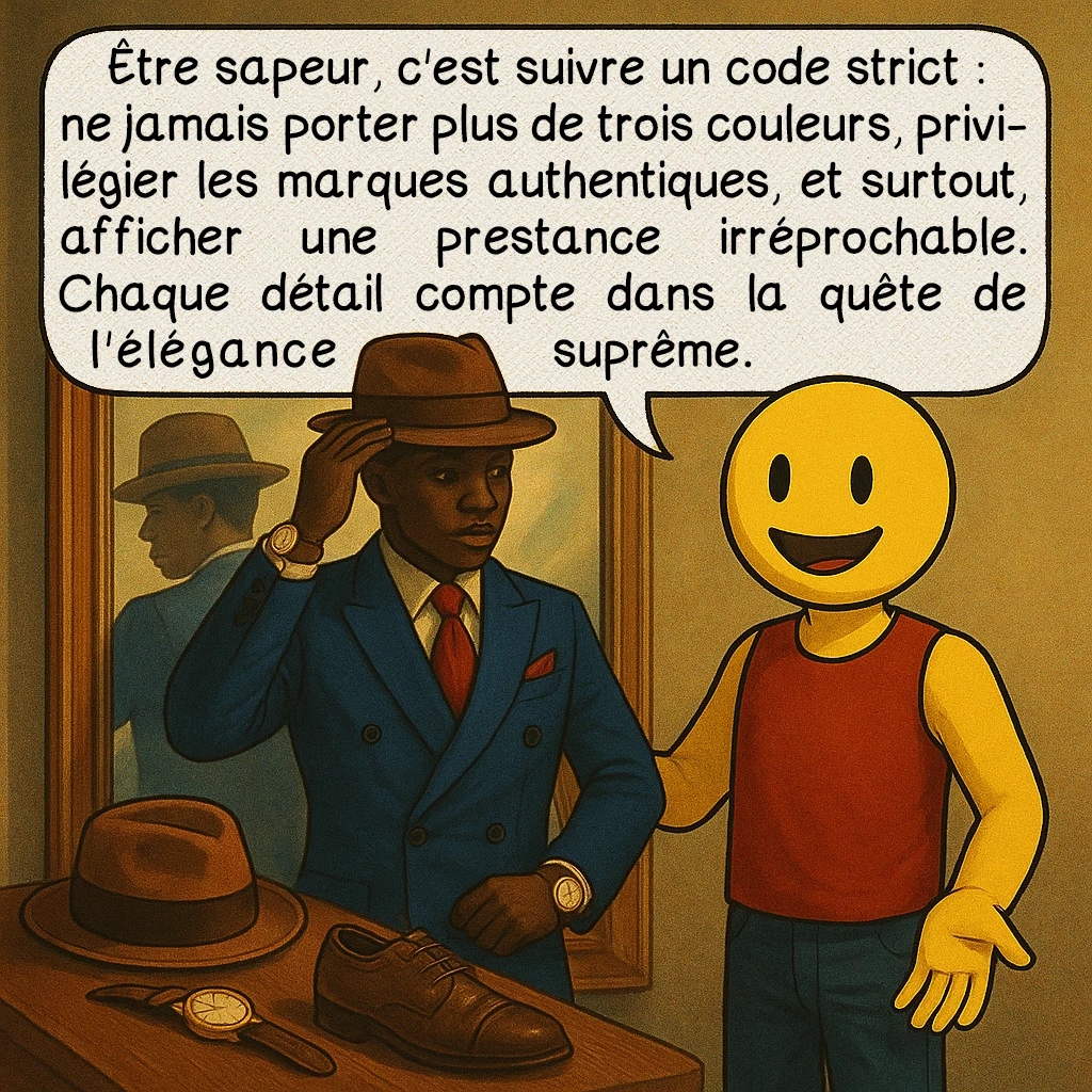 La SAPE, case 5 : Les règles de la SAPE
Être sapeur, c'est suivre un code strict : ne jamais porter plus de trois couleurs, privilégier les marques authentiques, et surtout, afficher une prestance irréprochable. Chaque détail compte dans la quête de l'élégance suprême.