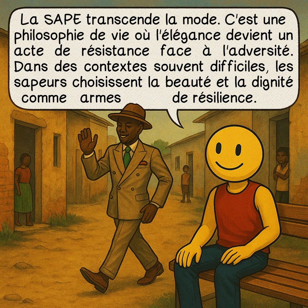 La SAPE, case 6 : Une philosophie de vie
La SAPE transcende la mode. C'est une philosophie de vie où l'élégance devient un acte de résistance face à l'adversité. Dans des contextes souvent difficiles, les sapeurs choisissent la beauté et la dignité comme armes de résilience.