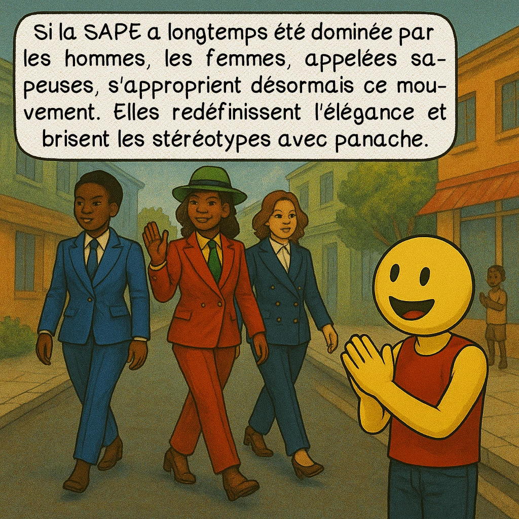 La SAPE, case 7 : La SAPE féminine
Si la SAPE a longtemps été dominée par les hommes, les femmes, appelées sapeuses, s'approprient désormais ce mouvement. Elles redéfinissent l'élégance et brisent les stéréotypes avec panache.