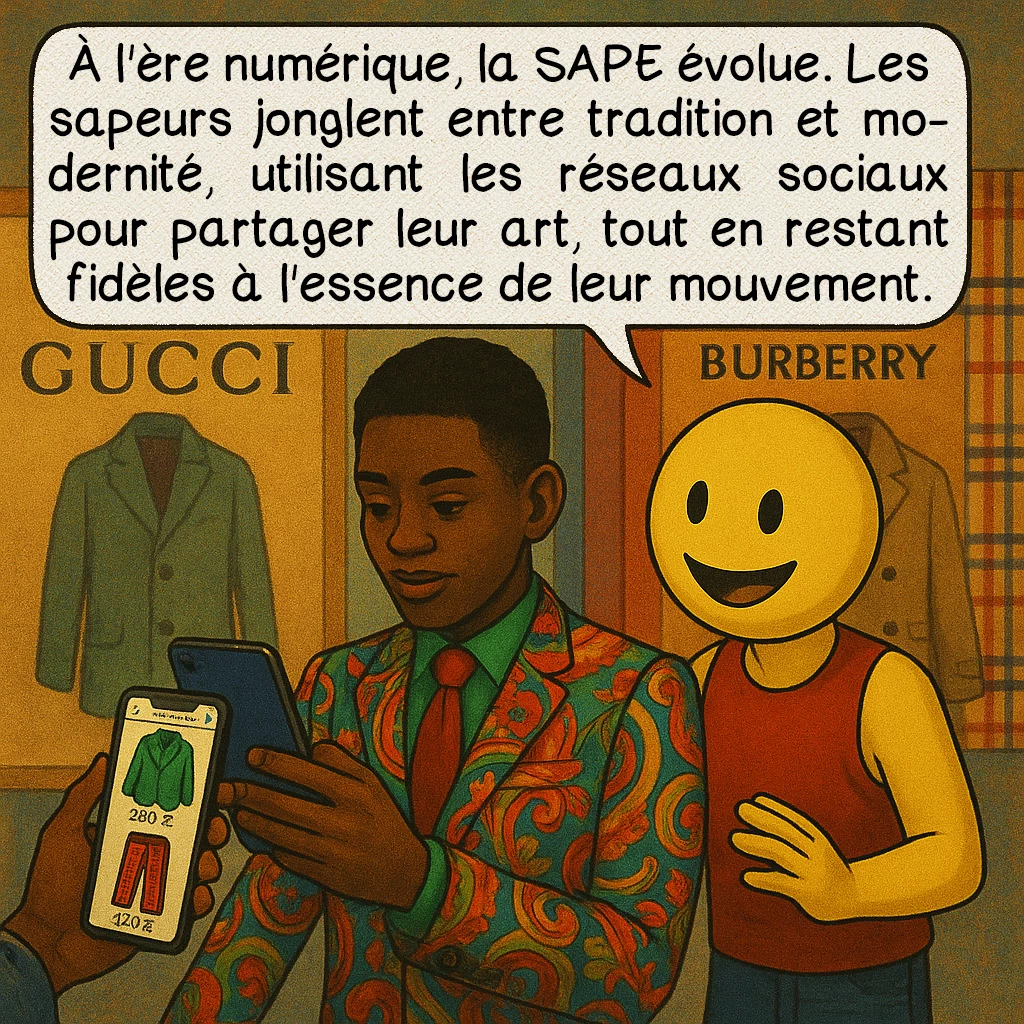 La SAPE, case 9 : Les défis contemporains
À l'ère numérique, la SAPE évolue. Les sapeurs jonglent entre tradition et modernité, utilisant les réseaux sociaux pour partager leur art, tout en restant fidèles à l'essence de leur mouvement.