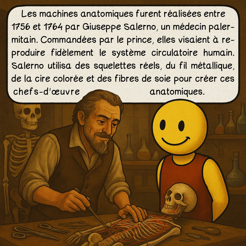 Les machines anatomiques de Raimondo Di Sangro, case 3 : L'origine des machines
Les machines anatomiques furent réalisées entre 1756 et 1764 par Giuseppe Salerno, un médecin palermitain. Commandées par le prince, elles visaient à reproduire fidèlement le système circulatoire humain. Salerno utilisa des squelettes réels, du fil métallique, de la cire colorée et des fibres de soie pour créer ces chefs-d'œuvre anatomiques.