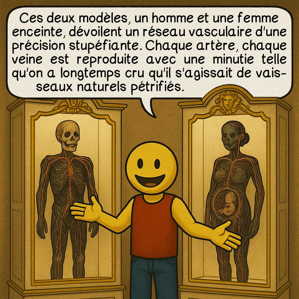 Les machines anatomiques de Raimondo Di Sangro, case 4 : Description des machines
Ces deux modèles, un homme et une femme enceinte, dévoilent un réseau vasculaire d'une précision stupéfiante. Chaque artère, chaque veine est reproduite avec une minutie telle qu'on a longtemps cru qu'il s'agissait de vaisseaux naturels pétrifiés.