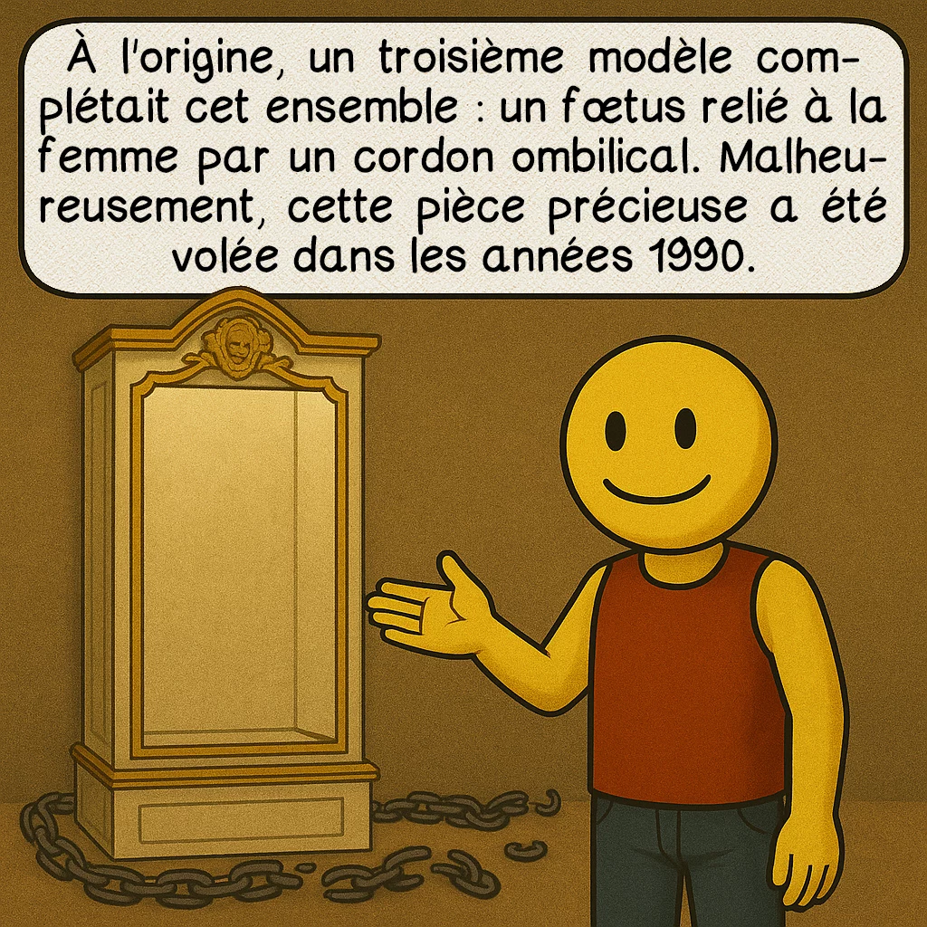 Les machines anatomiques de Raimondo Di Sangro, case 5 : Le fœtus disparu
À l'origine, un troisième modèle complétait cet ensemble : un fœtus relié à la femme par un cordon ombilical. Malheureusement, cette pièce précieuse a été volée dans les années 1990.