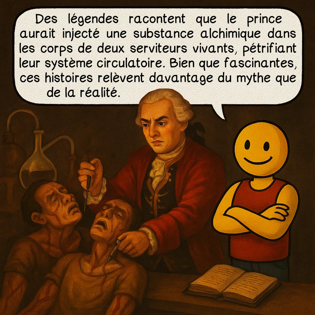 Les machines anatomiques de Raimondo Di Sangro, case 6 : Les légendes
Des légendes racontent que le prince aurait injecté une substance alchimique dans les corps de deux serviteurs vivants, pétrifiant leur système circulatoire. Bien que fascinantes, ces histoires relèvent davantage du mythe que de la réalité.